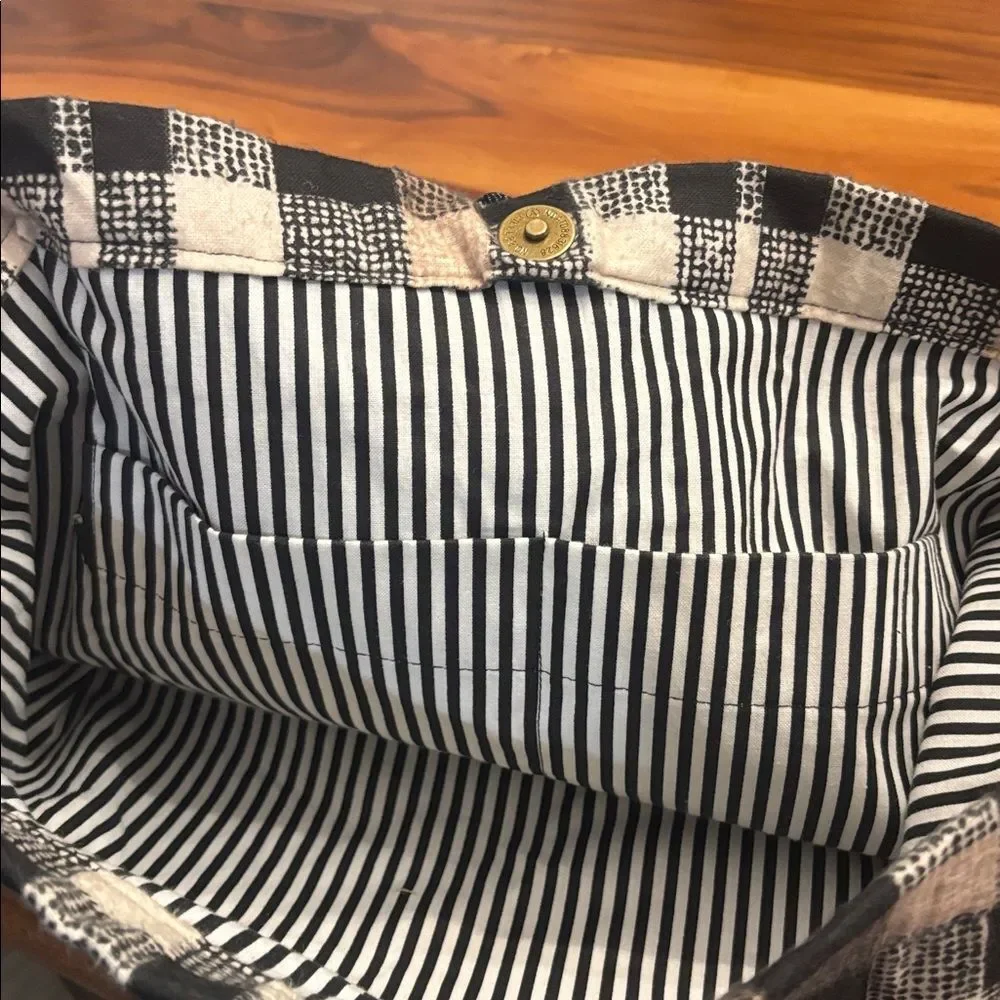 Large Hobo Striped Black White Brown Plaid Denim Purse Handbag